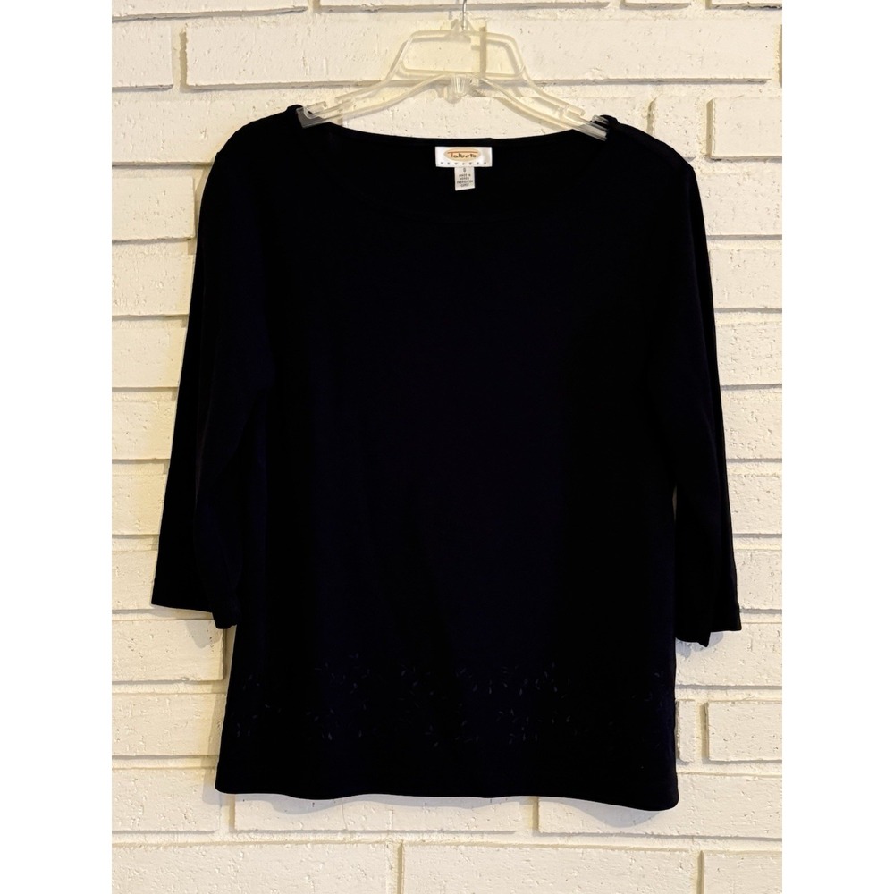 Talbots Petite Black Size Sm Petite 3/4 Sleeve Shirt Top Floral Design Bottom